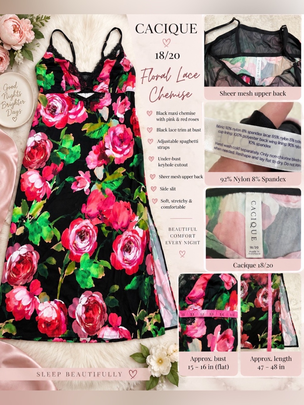 Cacique Lane Bryant 18/20 Floral Lace Maxi Slip Nightgown Chemise Black Pink